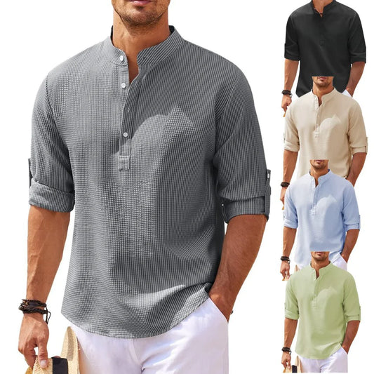 Camisa de Verano con Cuello Mao y Textura de Piña