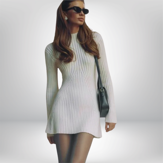 Vestido de Punto Acanalado Sólido de Moda, Cuello Alto