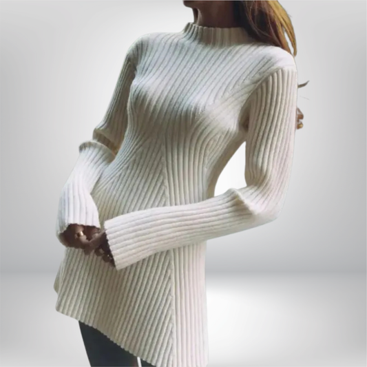 Vestido de Punto Acanalado Sólido de Moda, Cuello Alto