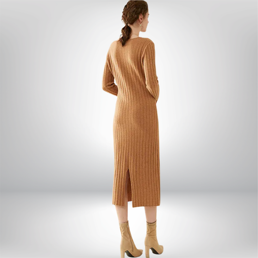 Vestido de Punto a Media Pierna en Mezcla de Lana y Cachemira