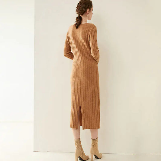 Vestido de Punto a Media Pierna en Mezcla de Lana y Cachemira