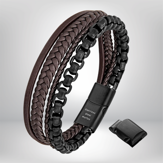 Pulsera para Hombre de Cuero y Cadena de Acero Inoxidable