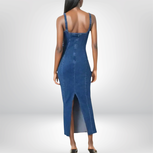 Vestidos vaqueros largos azules con tirantes y escote en U