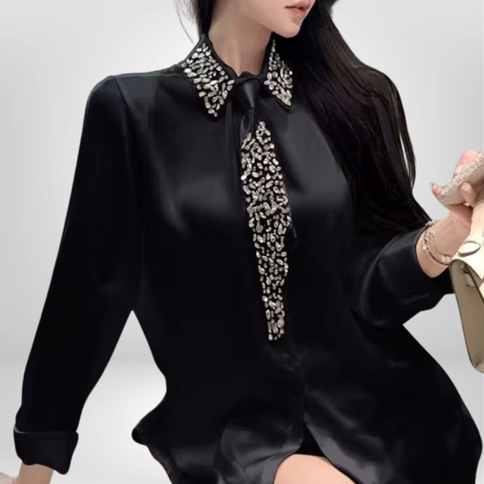 Camisa de gasa de mujer, con cuentas de cristal y corbata