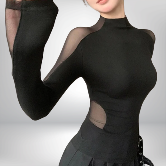 Top negro sexy de malla hueca con parches para mujer