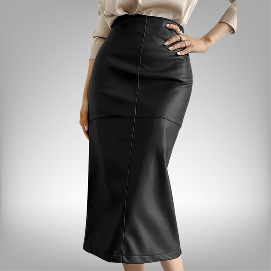 Falda elegante de piel sintética color caqui, cintura alta