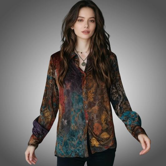 Camisa informal de manga larga con botones y estampado floral retro para mujer