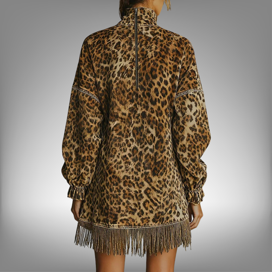 Vestido mini con estampado de leopardo para mujer, manga farol, cuello alto, holgado