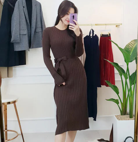 Vestido de Punto con Lazo y Estilo Europeo hasta la Rodilla