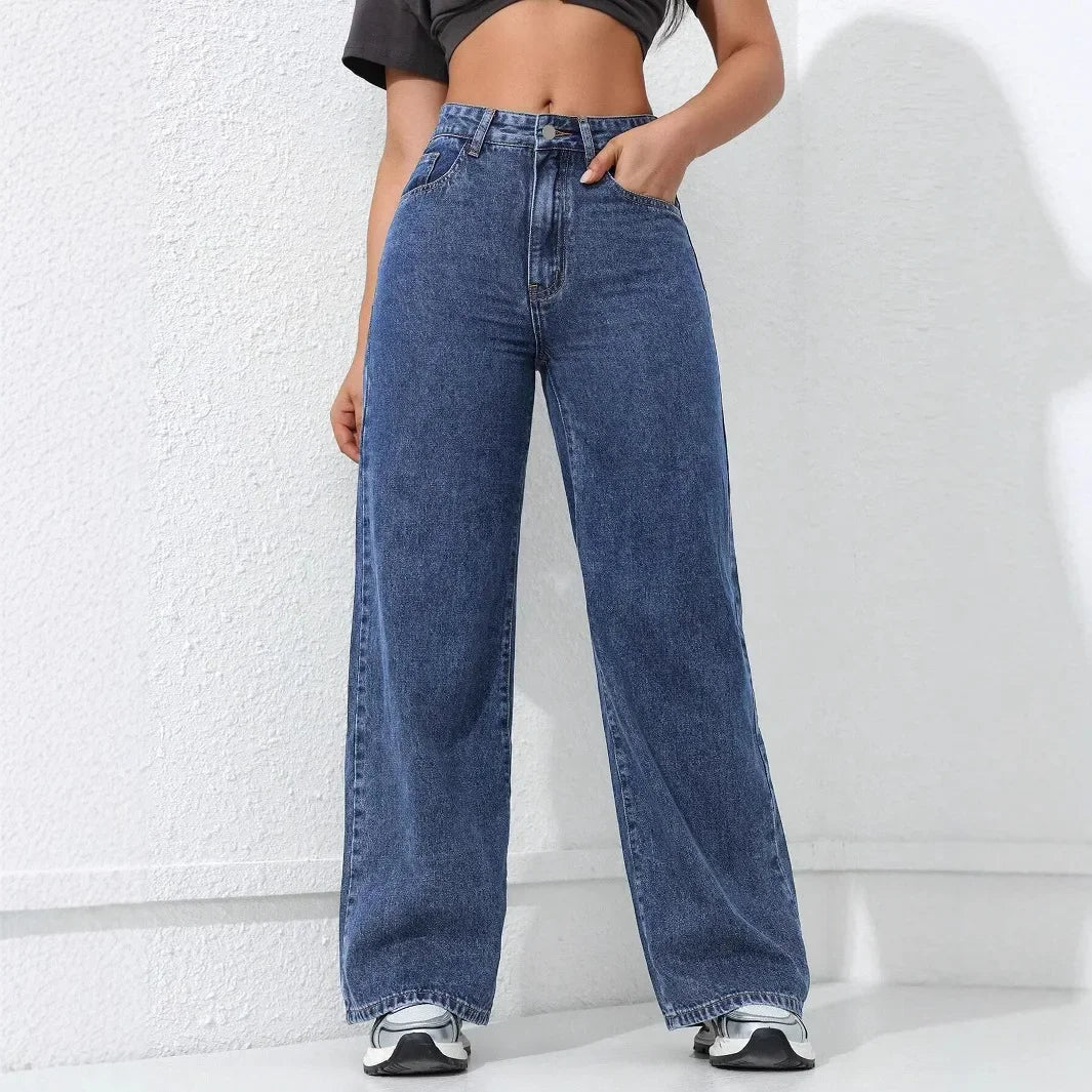 Pantalones vaqueros para muje de mezclilla de pierna ancha, de cintura alta