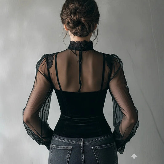 Blusa elegante transparente con mangas abullonadas, de terciopelo, de malla, estilo retro americano