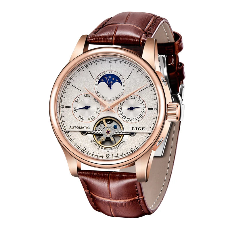 Relojes LIGE para hombre, Tourbillon, correa de cuero genuino, reloj impermeable