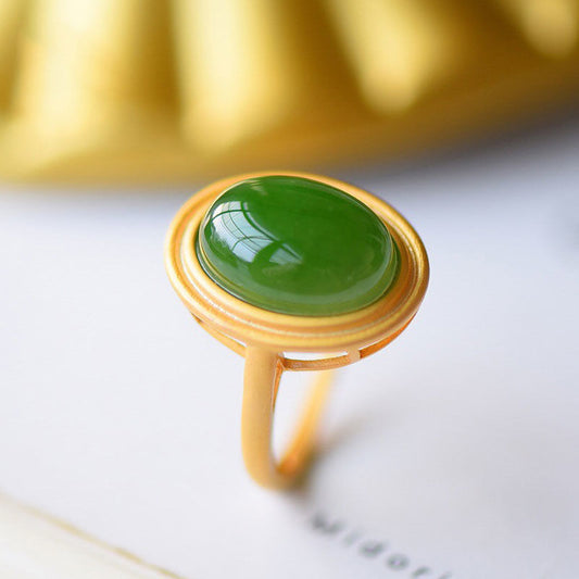 Anillo Retro de Jade Hetian Natural con Esmeralda para Mujer