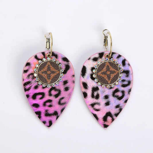 Aretes de Cuero de Doble Cara con Estampado de Leopardo y Forma de Gota
