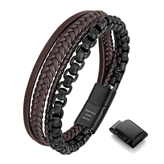 Pulsera para Hombre de Cuero y Cadena de Acero Inoxidable