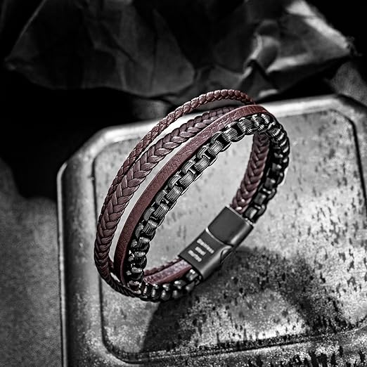 Pulsera para Hombre de Cuero y Cadena de Acero Inoxidable