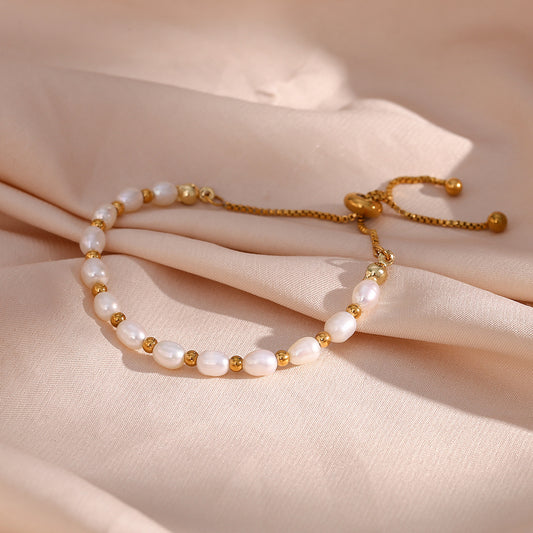Pulsera Ajustable de Acero Inoxidable 18k con Perlas de Agua Dulce