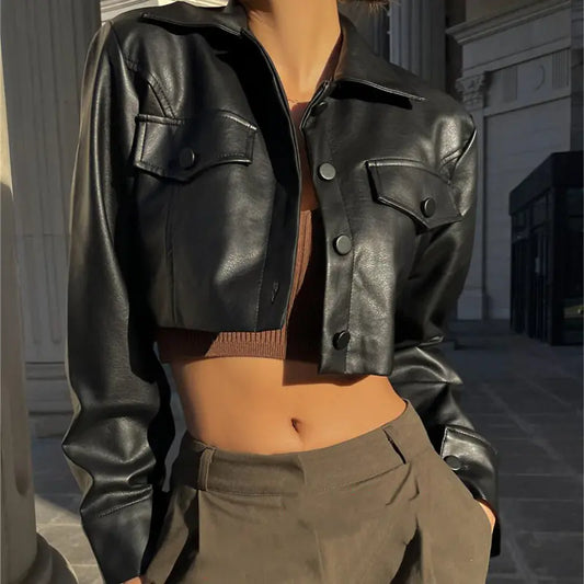 Chaqueta de Cuero Corta con Hombros Anchos para Mujer