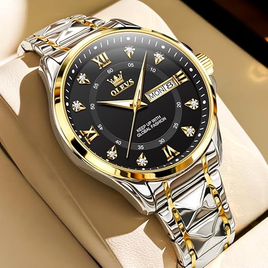 Reloj OLEVS para Hombre, Bicolor con Diamante, Acero Inoxidable, Resistente al Agua,