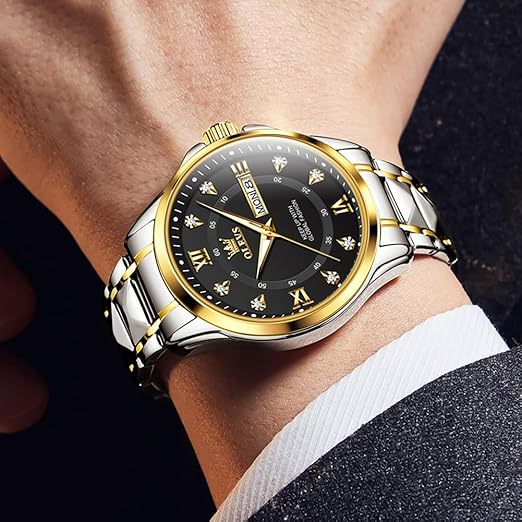 Reloj OLEVS para Hombre, Bicolor con Diamante, Acero Inoxidable, Resistente al Agua,