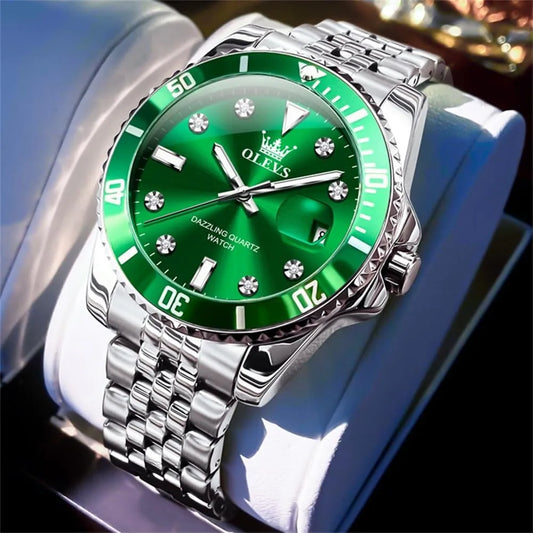 OLEVS Reloj Verde para Hombre, Lujo Plateado, Acero Inoxidable