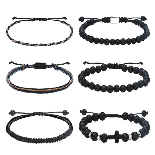 NEWITIN Set de 6 Pulseras Trenzadas de Obsidiana, Ónix Negro Mate