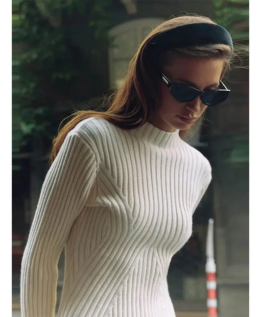 Vestido de Punto Acanalado Sólido de Moda, Cuello Alto