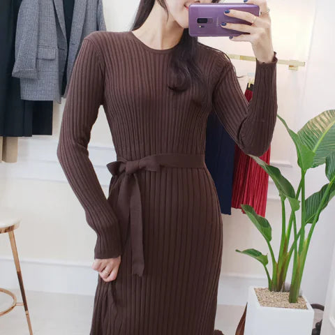 Vestido de Punto con Lazo y Estilo Europeo hasta la Rodilla