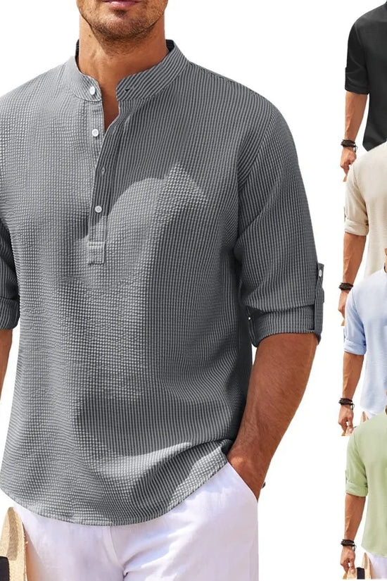 Camisa de Verano con Cuello Mao y Textura de Piña