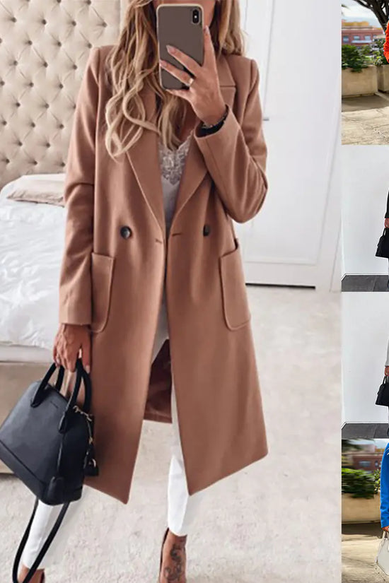 Abrigo de lana para mujer con bolsillos dobles y cuello de traje