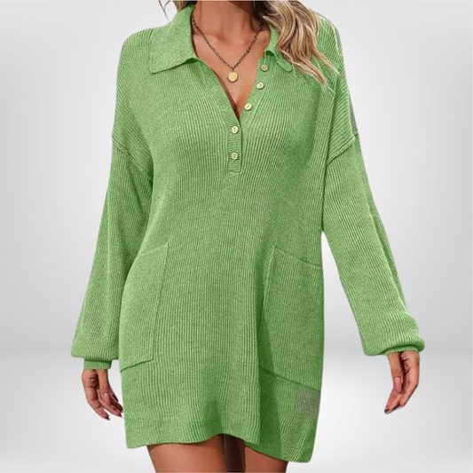 Vestido de Punto con Cuello Polo y Botones en Color Sólido