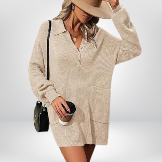Vestido de Punto con Cuello Polo y Botones en Color Sólido