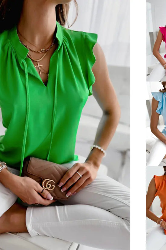 Blusa de jersey con volantes y cuello anudado