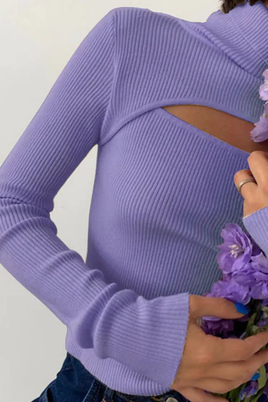 Suéter Mujer Estilo Y2K - Moda Coreana en poliéster morado con cuello alto y abertura frontal, ideal para otoño y estilo elegante casual.