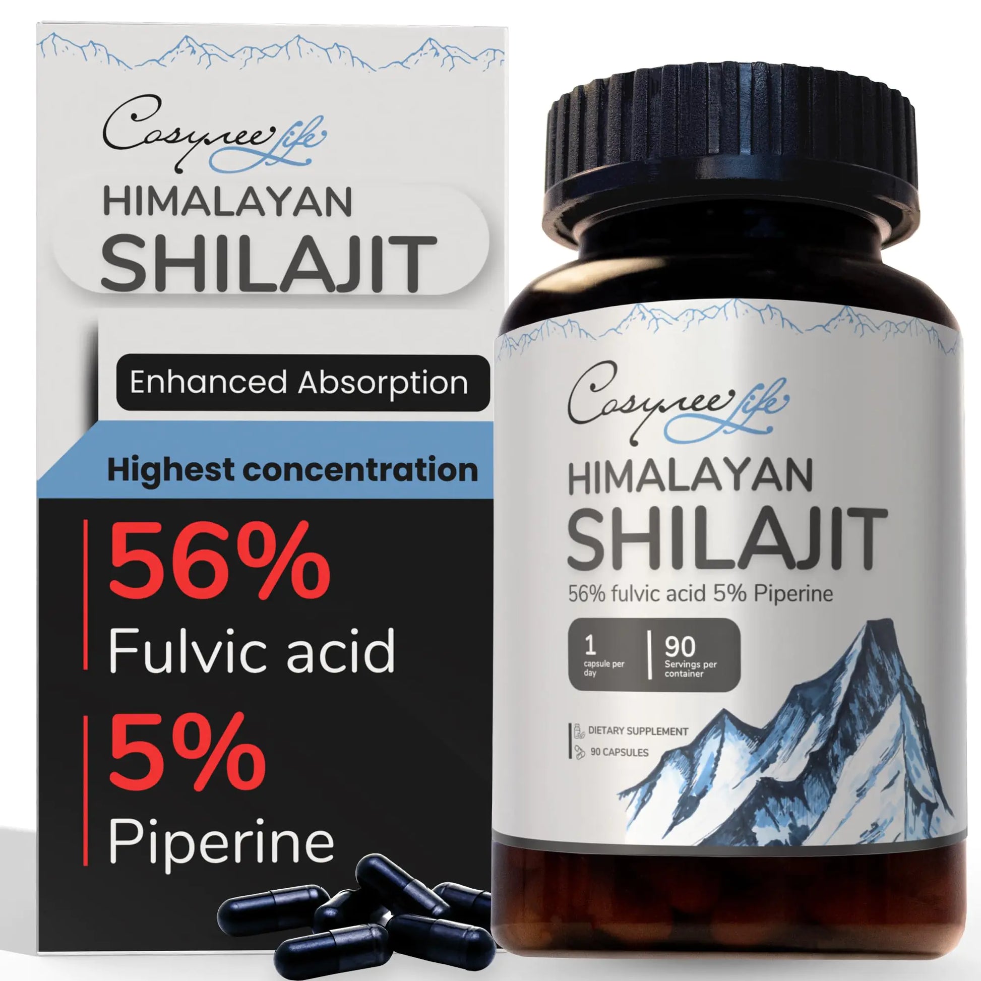 Cápsulas Himalayas de Shilajit cosynee hechas con polvo de Shilajit Puro y Orgánico