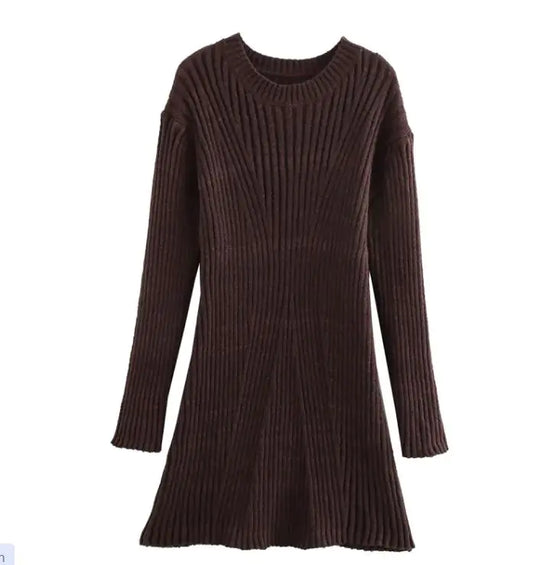 Vestido de Punto Acanalado Sólido de Moda, Cuello Alto