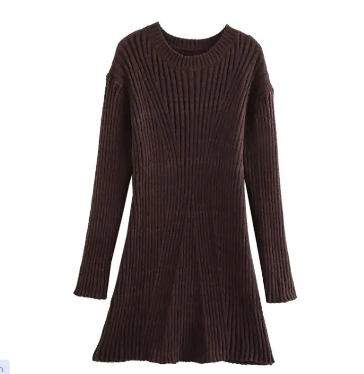Vestido de Punto Acanalado Sólido de Moda, Cuello Alto