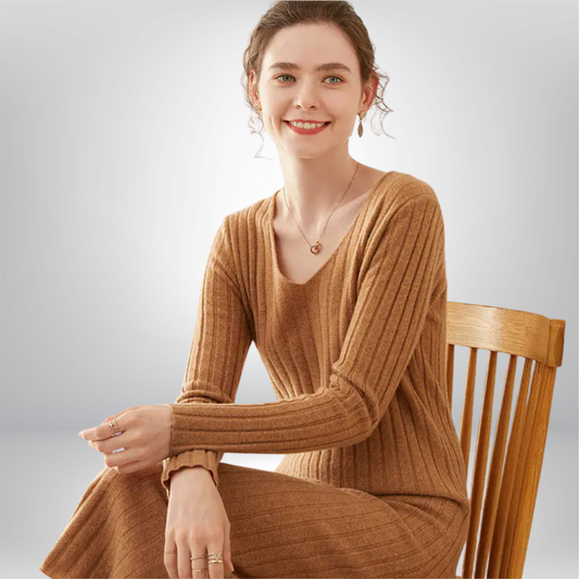 Vestido de Punto a Media Pierna en Mezcla de Lana y Cachemira