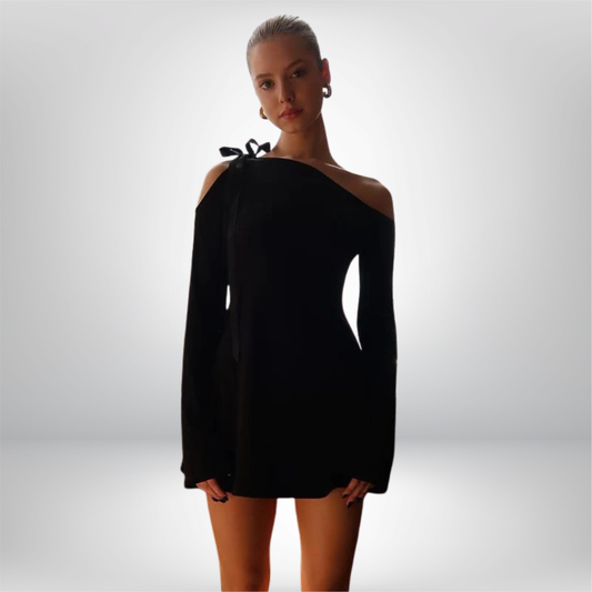 Vestido Largo de Cintura Alta con Mangas y Costuras