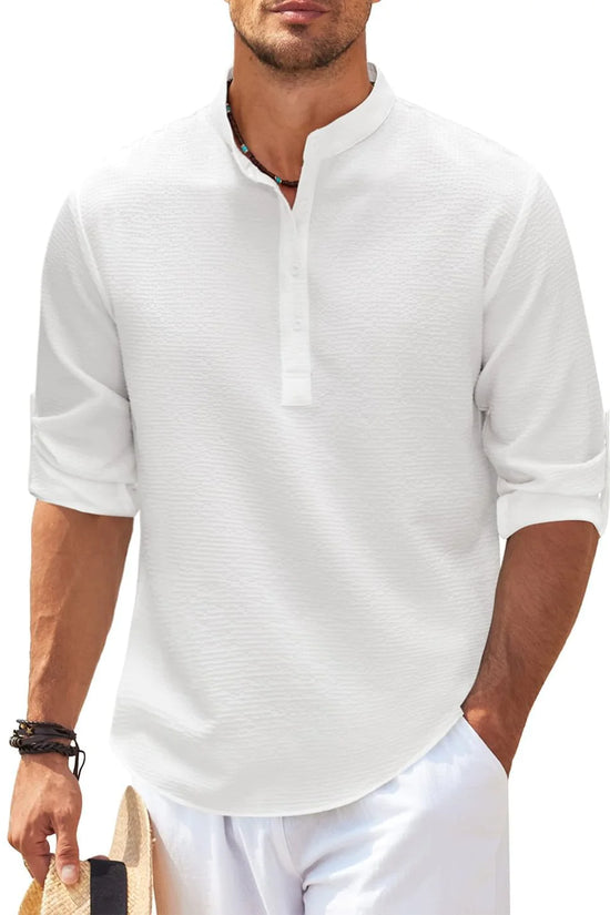 Camisa de Verano con Cuello Mao y Textura de Piña