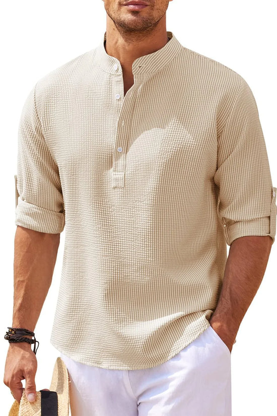 Camisa de Verano con Cuello Mao y Textura de Piña