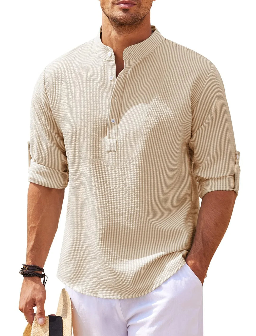 Camisa de Verano con Cuello Mao y Textura de Piña