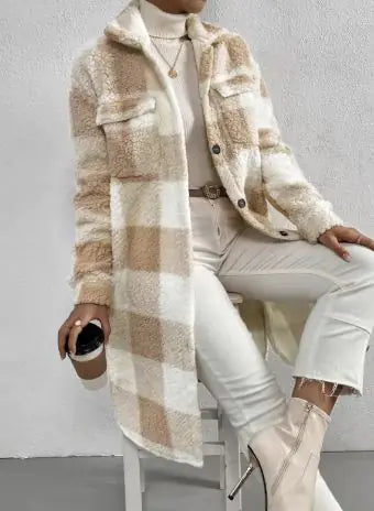 Sudadera Larga de Forro Polar a Cuadros para Mujer beich