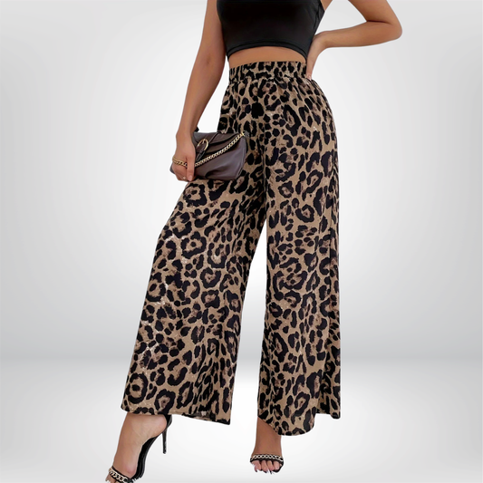 Pantalones anchos con cintura elástica y estampado de leopardo