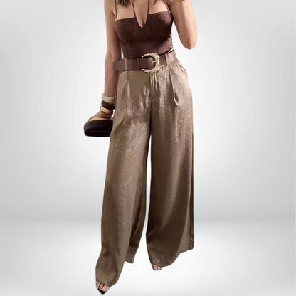 Pantalones HXAO para mujer, de cintura alta, anchos y con cinturón