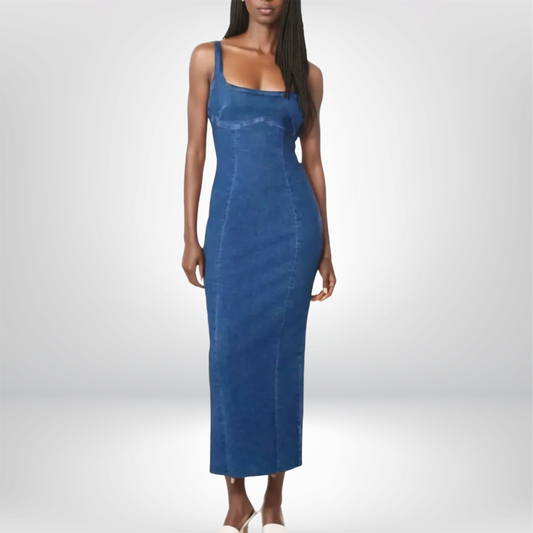 Vestidos vaqueros largos azules con tirantes y escote en U