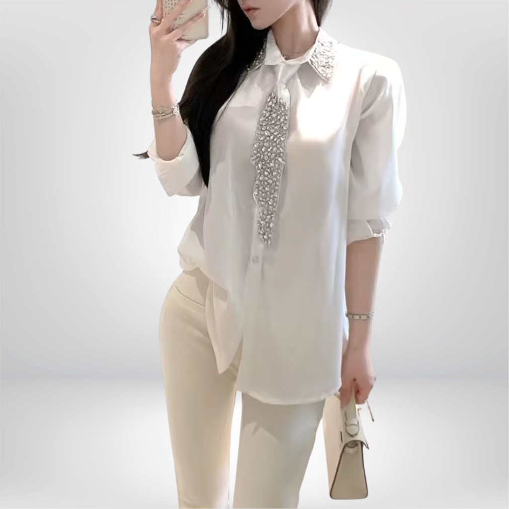 Camisa de gasa de mujer, con cuentas de cristal y corbata