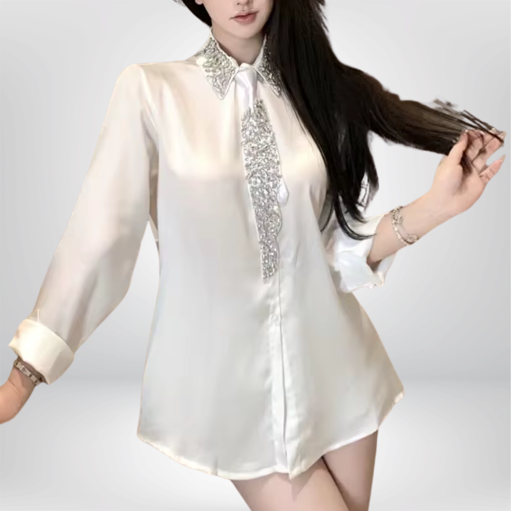 Camisa de gasa de mujer, con cuentas de cristal y corbata