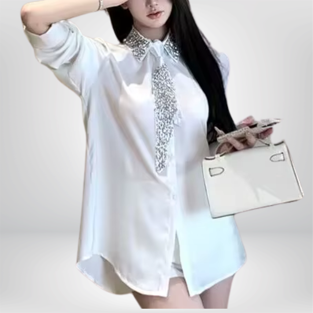 Camisa de gasa de mujer, con cuentas de cristal y corbata