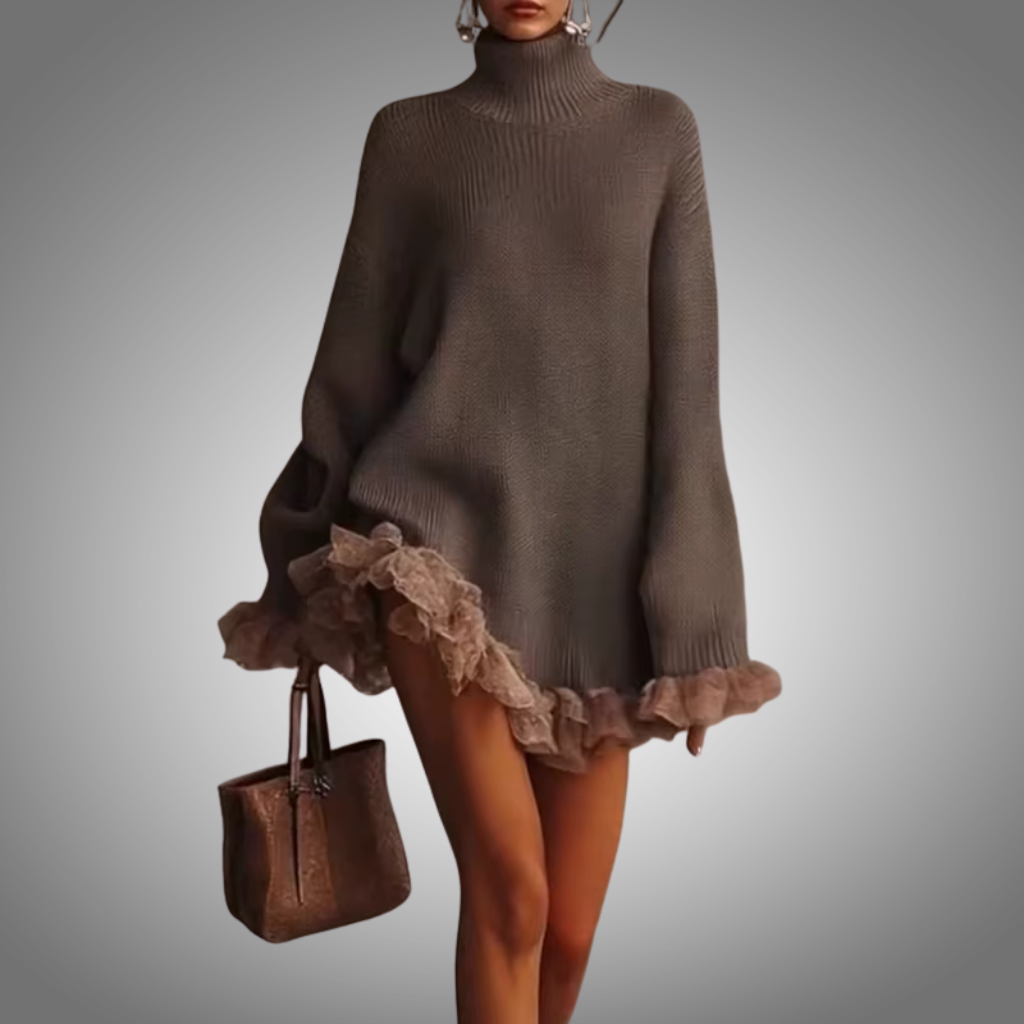 Vestido corto de punto con cuello alto, elegante, con encaje, sexy